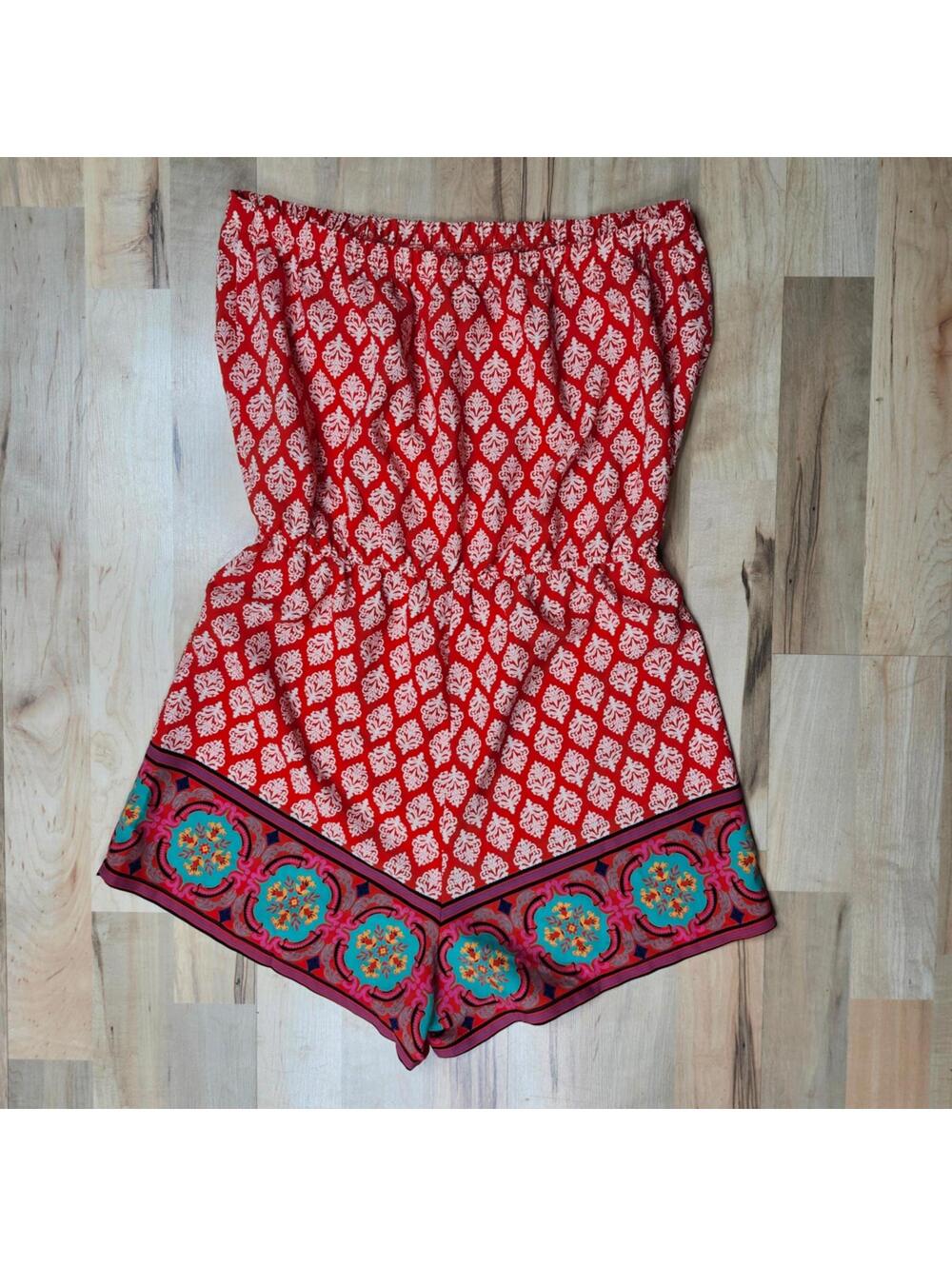 Love Tree Strapless Romper Red White Print Elastic Waist Summer Jumpsuit M